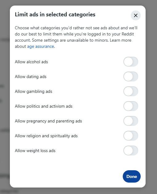 Reddit Limit ads in selected categories showing Allow gambling ads toggle