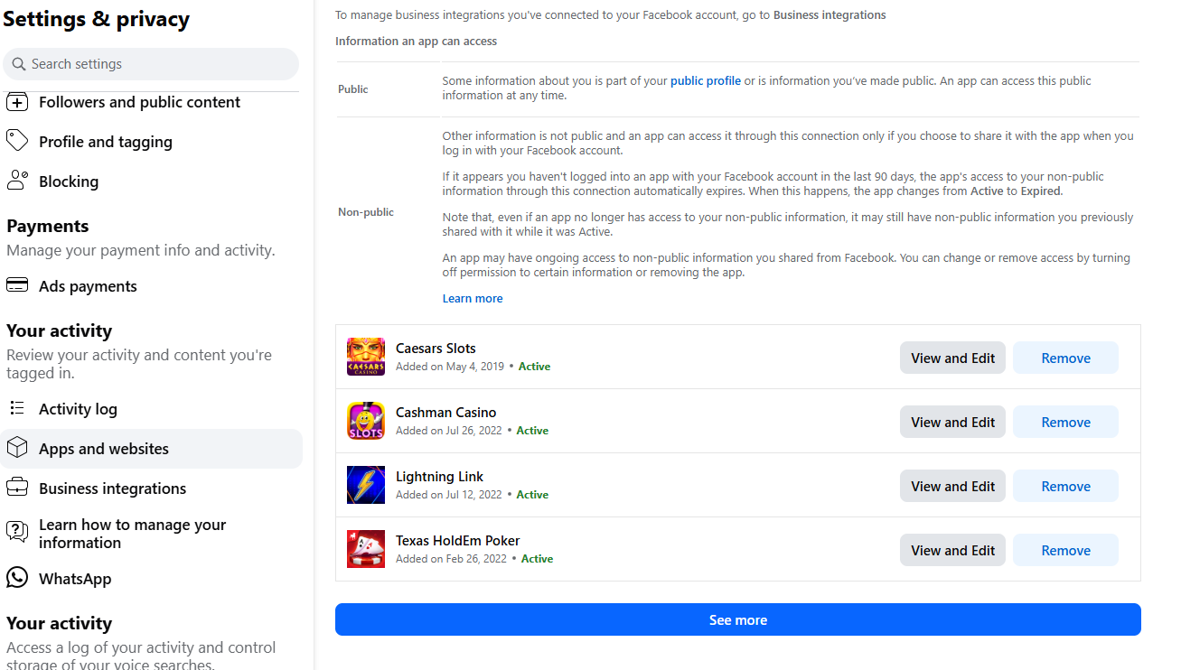 Facebook Apps and Websites settings showing connected gambling apps with Remove buttons