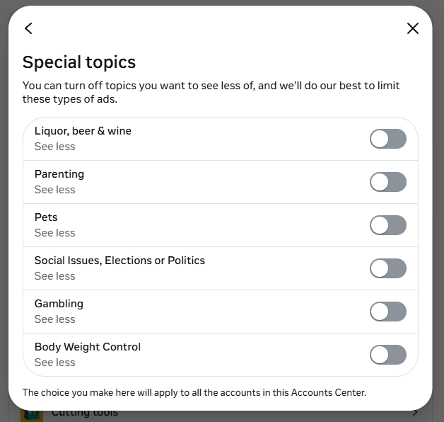 Facebook Special Topics settings showing Gambling toggle