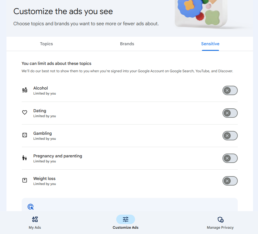 Google My Ad Center sensitive topics showing Gambling toggle
