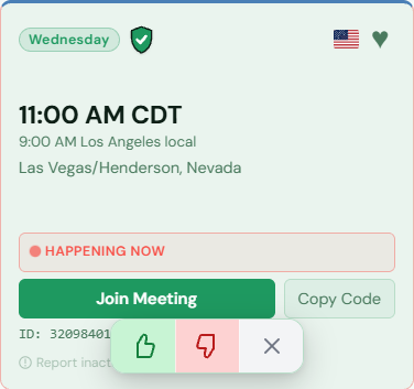 Meeting card showing the thumbs-up, thumbs-down, and skip pill that appears after clicking Join Meeting