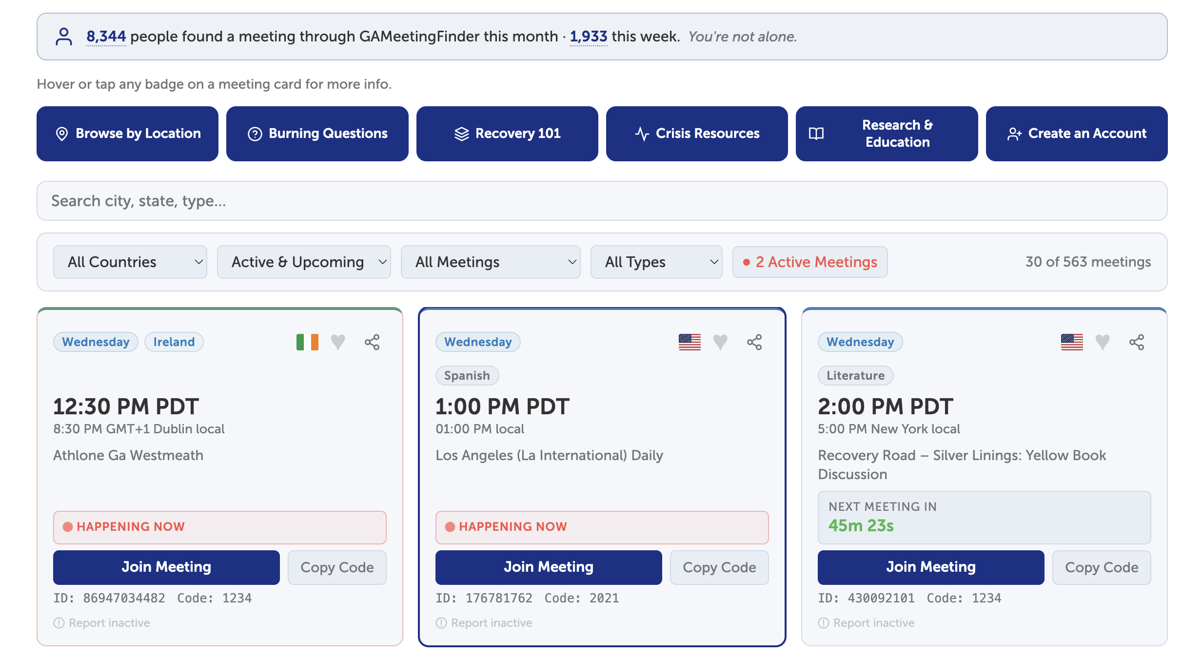 Three live meeting cards on the find-a-meeting page