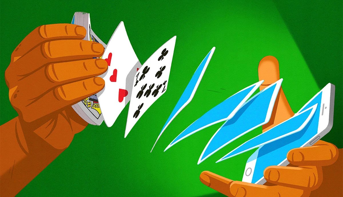 Illustration of an older adult absorbed in a smartphone gambling app
