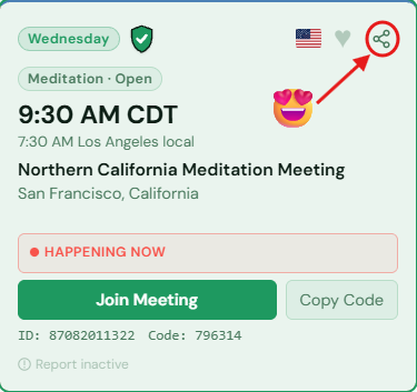 The new Share button on a meeting card, next to the heart icon