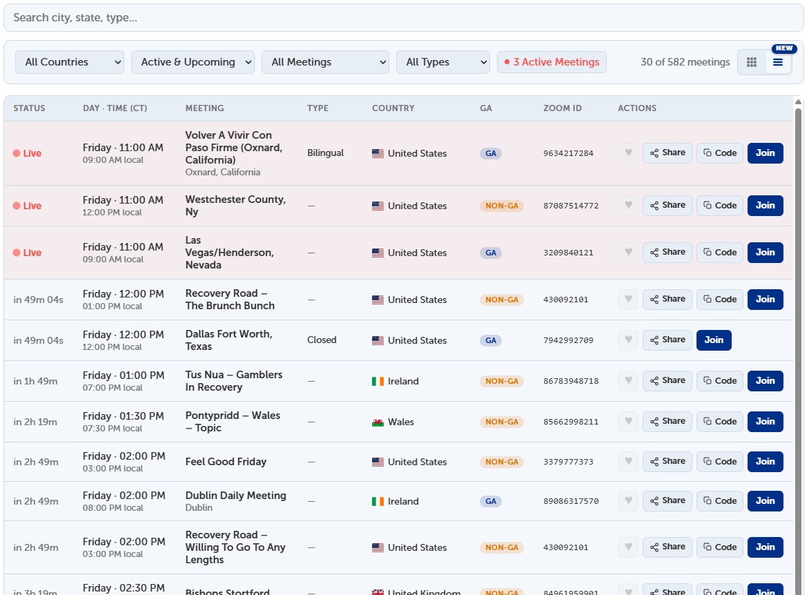 The find-a-meeting page in the new compact table view